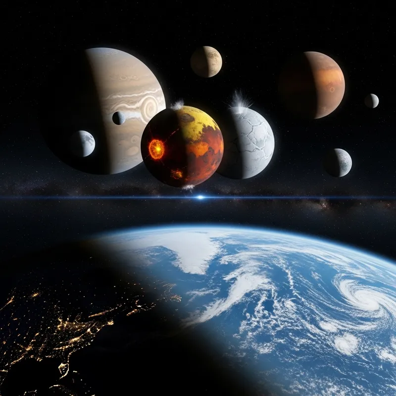 Earth with 6 Moons: Ganymede, Io, Europa, Titan in Sky