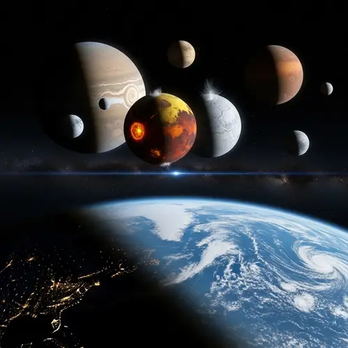 Earth with 6 Moons: Ganymede, Io, Europa, Titan in Sky