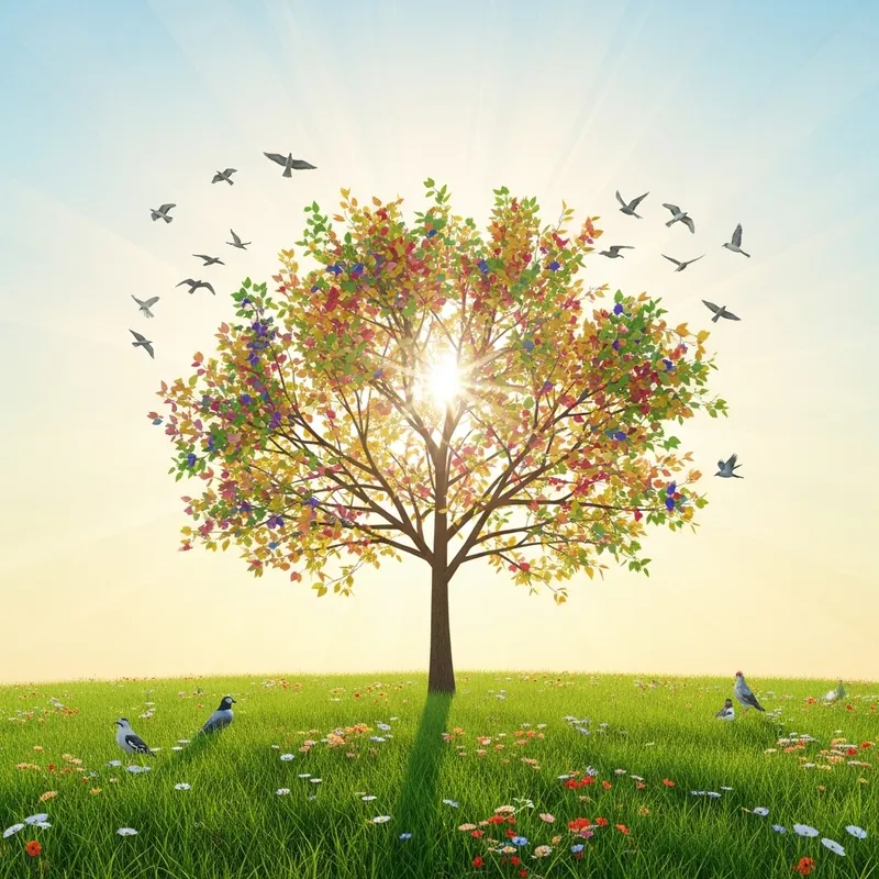 Healing Symbolism: Tree of Vitality, Sun Rays, Birds of Resilience