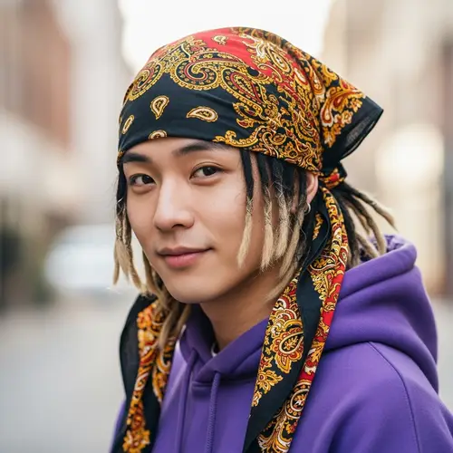 Stylish Asian Guy with Mini Dreadlocks in Purple Hoodie