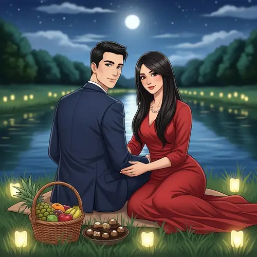 Romantic Moonlit Scene of Caucasian Man and Middle-Eastern Woman by River