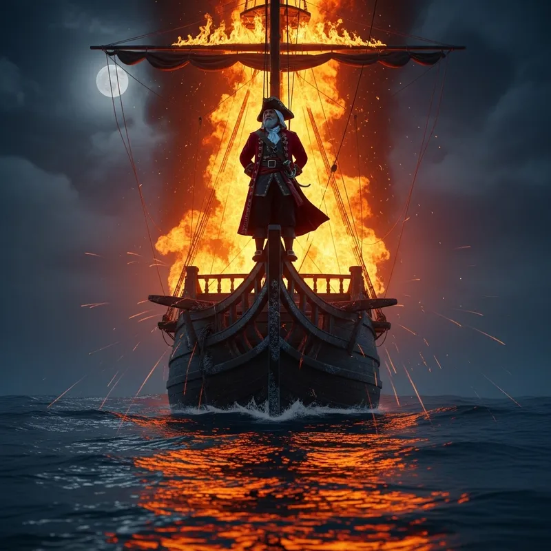 Close-up of Pirate Ship with Captain and Blazing Mast