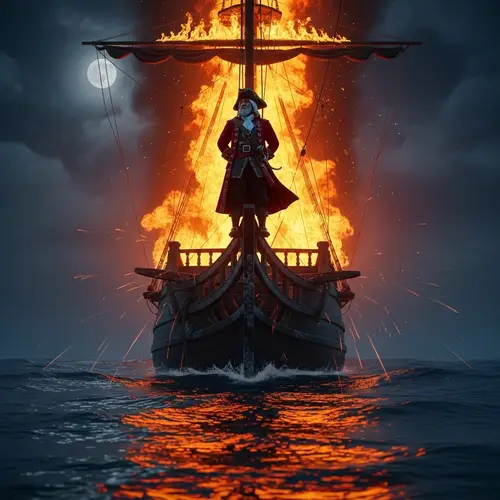 Elderly Middle-Eastern Pirate Captain on Ablaze Ship