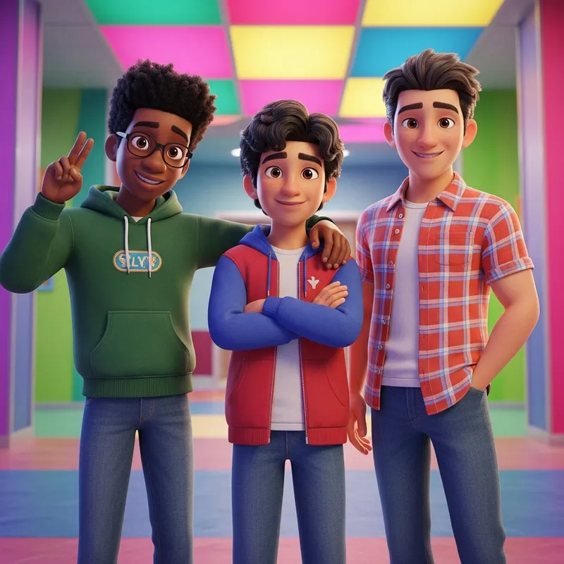 Colorful Hallway with Diverse Young Men | 90s Toy Commercial Vibe