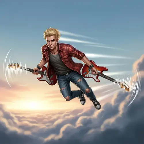 90s Rock Musician Flying with Guitars - Edgy Punk Rock Flight