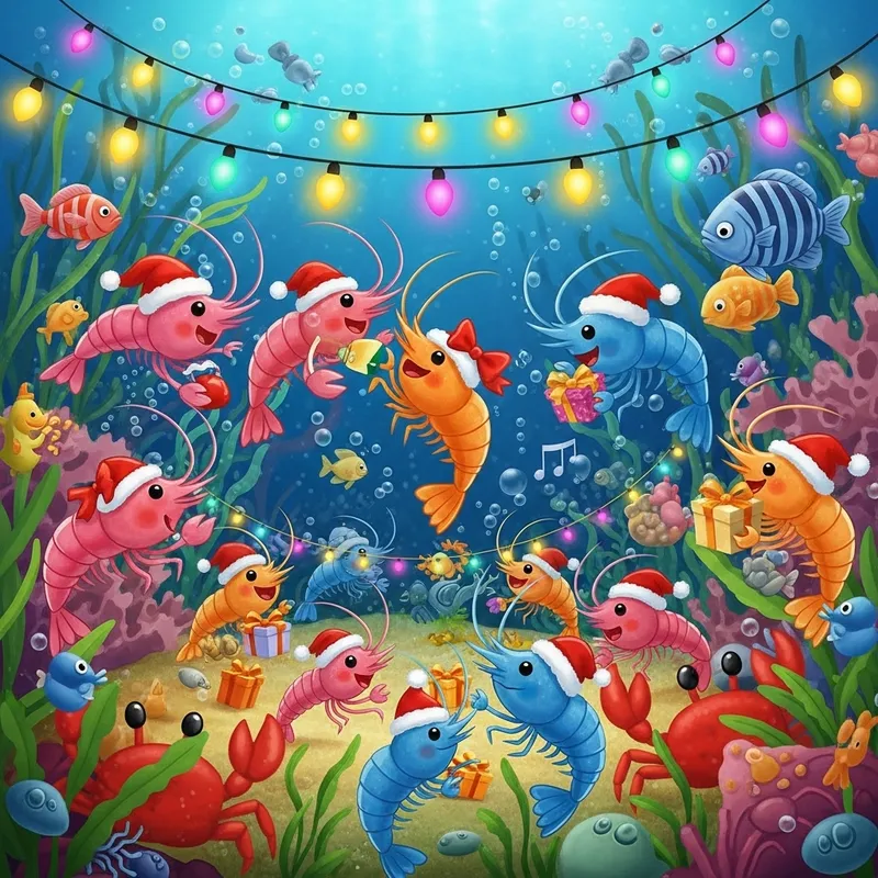 Cute Baby Shrimp Celebrating Christmas Underwater
