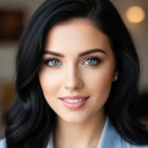 Portrait of a Young Woman with Sapphire Blue Eyes and Raven-Black Hair