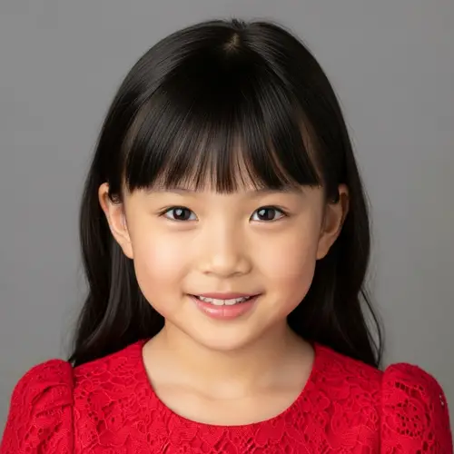 Portrait of Smiling East-Asian Girl in Red Dress | Detailed Studio Shot