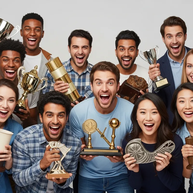 Joyous 20-Year-Olds Holding Diverse Prizes | Happy Group Photo