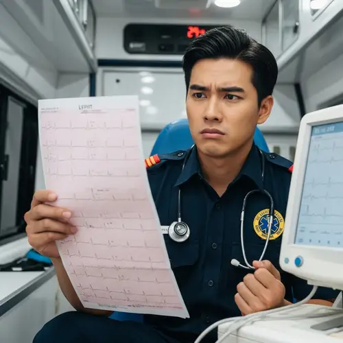 Asian Male Paramedic Studying Electrocardiogram | Health Condition Concern