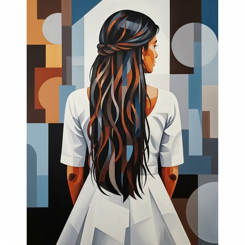 Geometric Abstraction Painting of a Long-Haired South Asian Girl