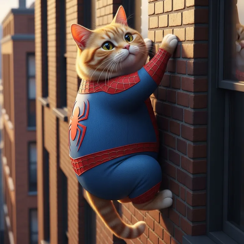 Realistic Orange Tabby Cat as Spiderman Climbing Building | Hyperrealistic Cartoon Art