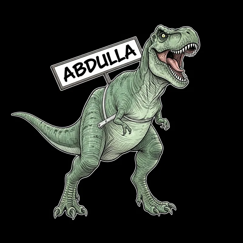 Greenish Manga T-Rex Screaming 'ABDULLA' on Black Background