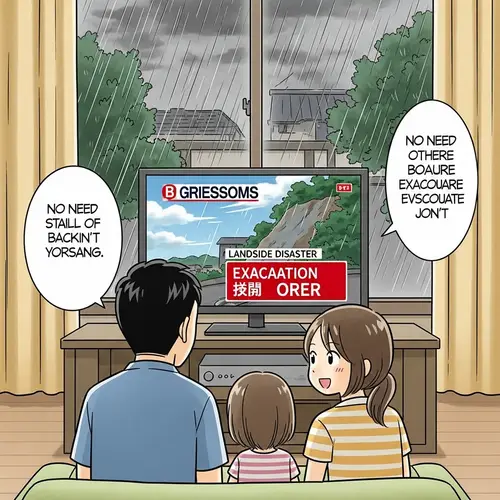 Family Watching TV During Heavy Downpour - Japanese Manga Illustration