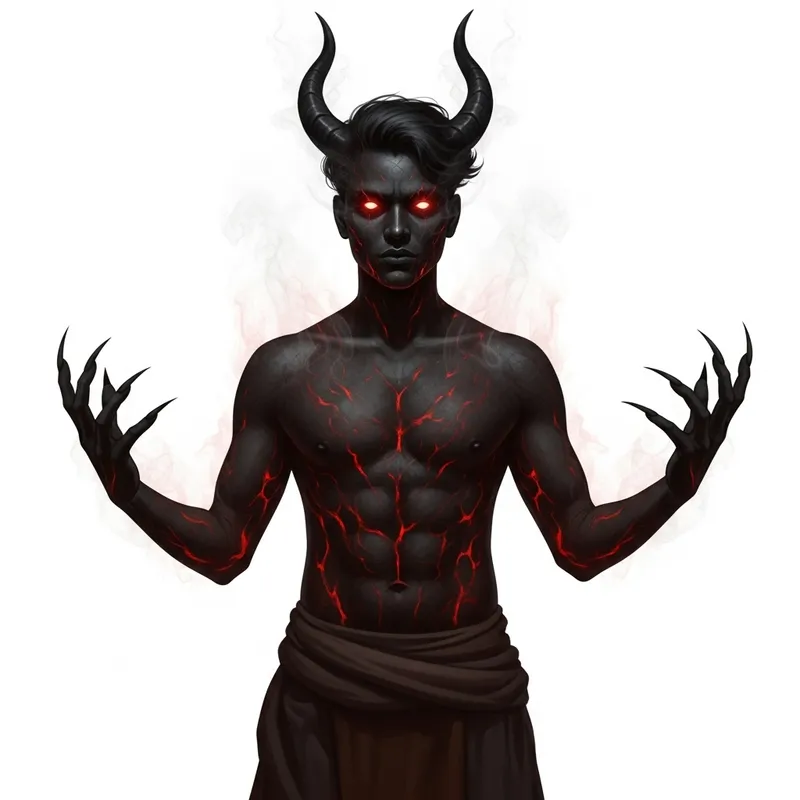Enigmatic Man: Charcoal Skin, Red Embers, and Glowing Horns