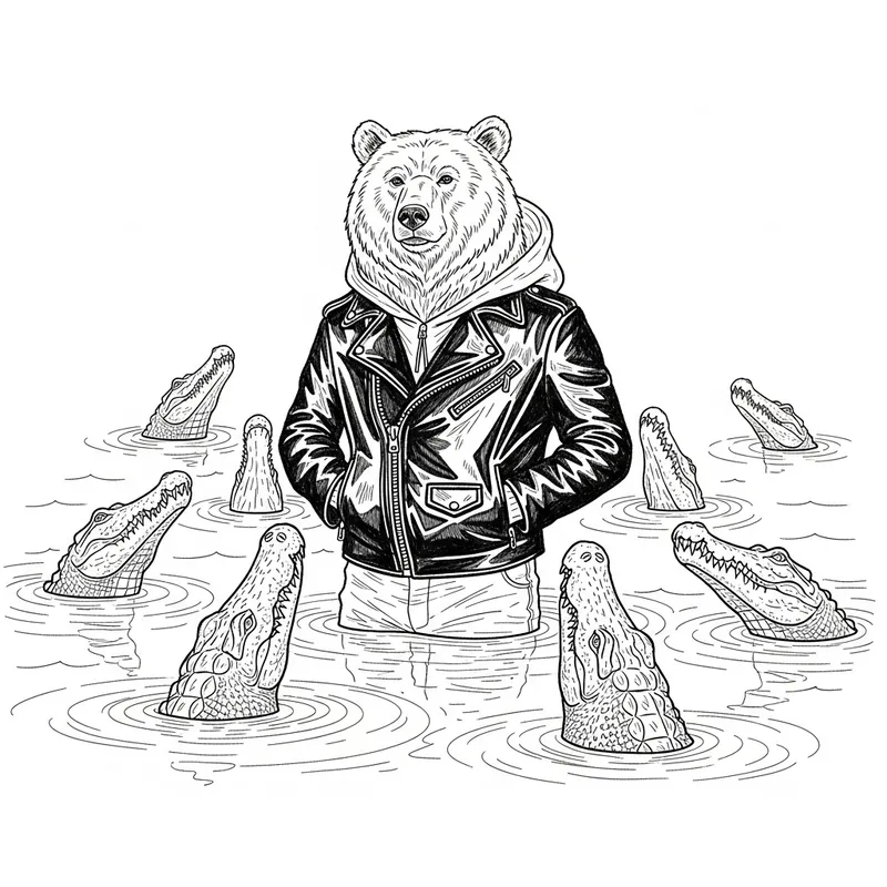 Bear-Human Crocodile Sketch in Leather Jacket, Machine-Optimized