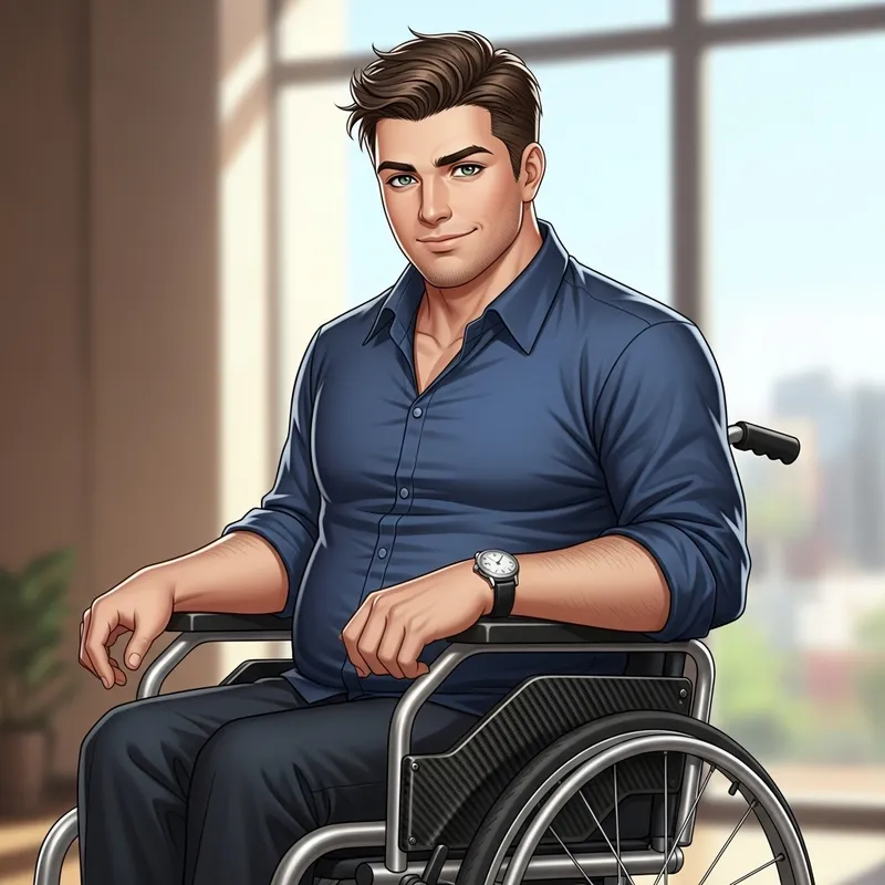 Charming Man with Brown Hair and Green Eyes in Wheelchair - Detailed Illustration