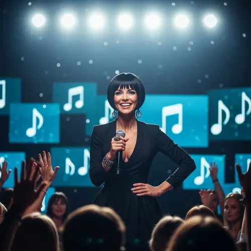 Fit Woman on Stage: Elegant Outfit with Microphone