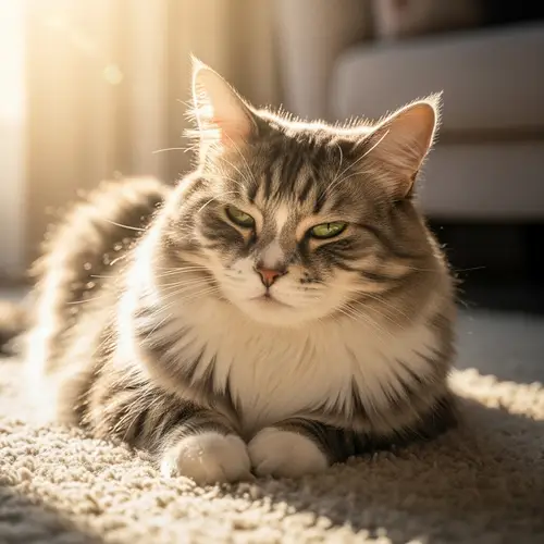 Fluffy Grey and White Tabby Cat Lounging in Sunlight