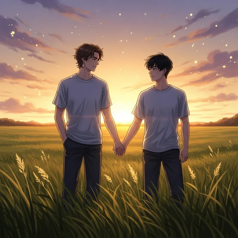 Golden Sunset with Peaceful Companions | Grass Field Harmony