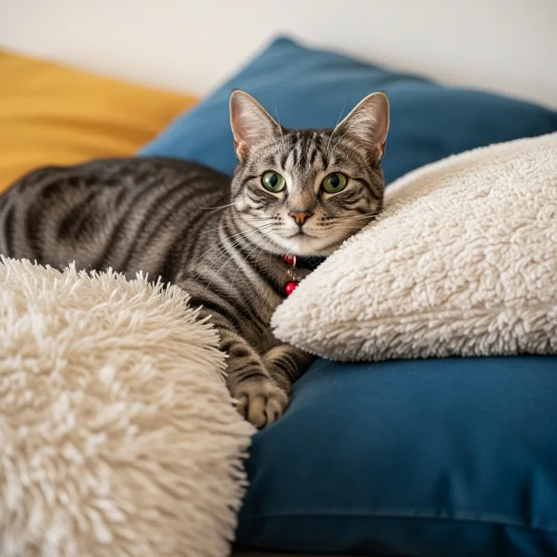 Adorable Medium-Sized Grey Cat Lounging on Colorful Pillows