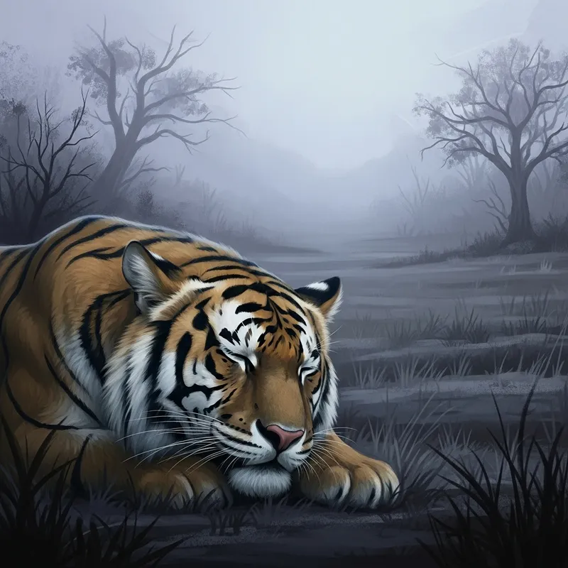 Peaceful Tiger Sleeping in Dreamlike Landscape