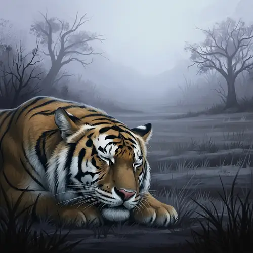 Dream-Like Digital Painting of a Weary Tiger in a Barren Landscape