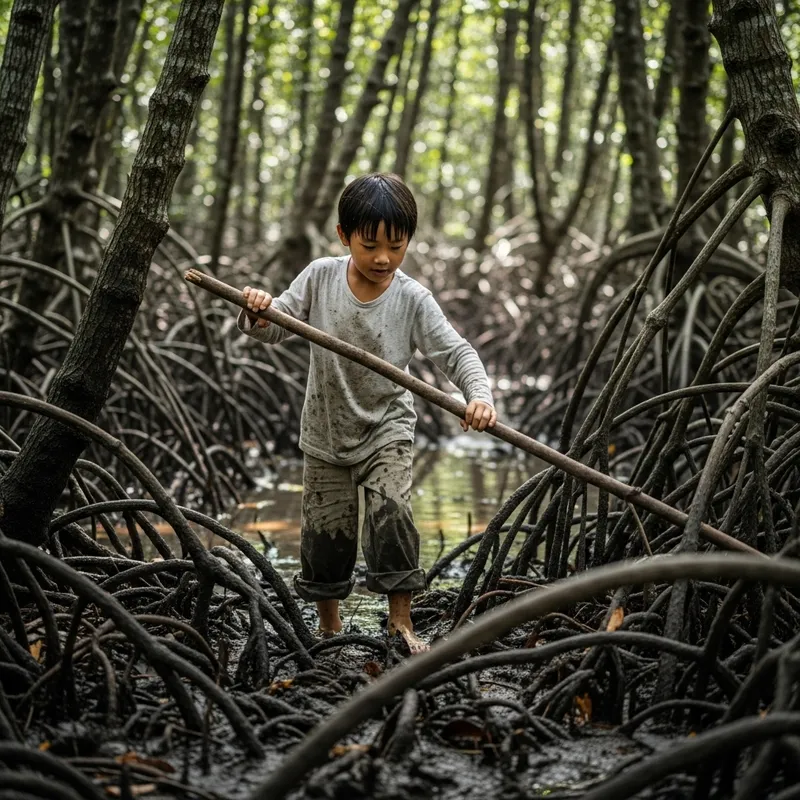 Young Child Exploring Thorny Mangrove Forest