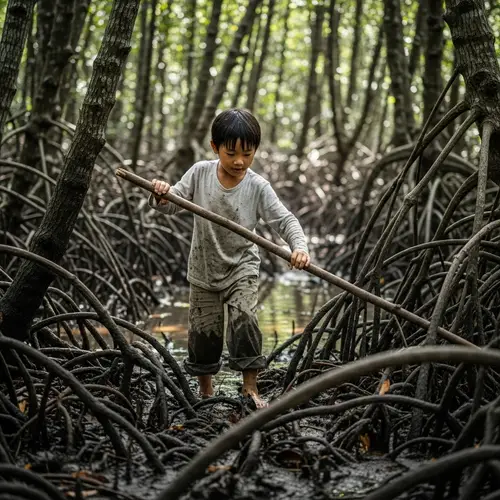 Child Walking Through Dense Mangrove Forest - Nature Encounter