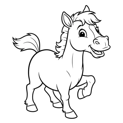 Playful Horse Coloring Page for Kids | Black and White Illustration