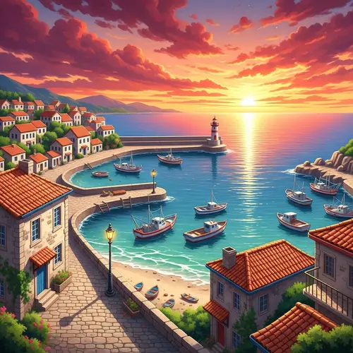 Tranquil Coastal Town | Vibrant Watercolor Illustration