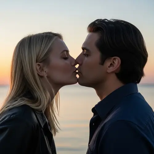 Tender Twilight Moment: Affectionate Chin Kiss Between Girl and Man