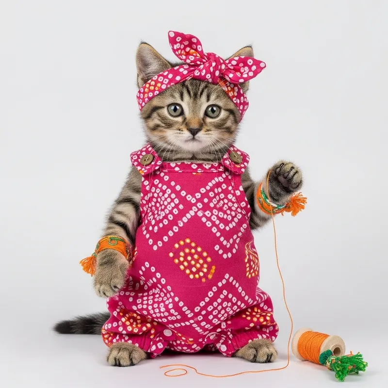 Adorable Kitten in Pink Tank Top with Indian Print