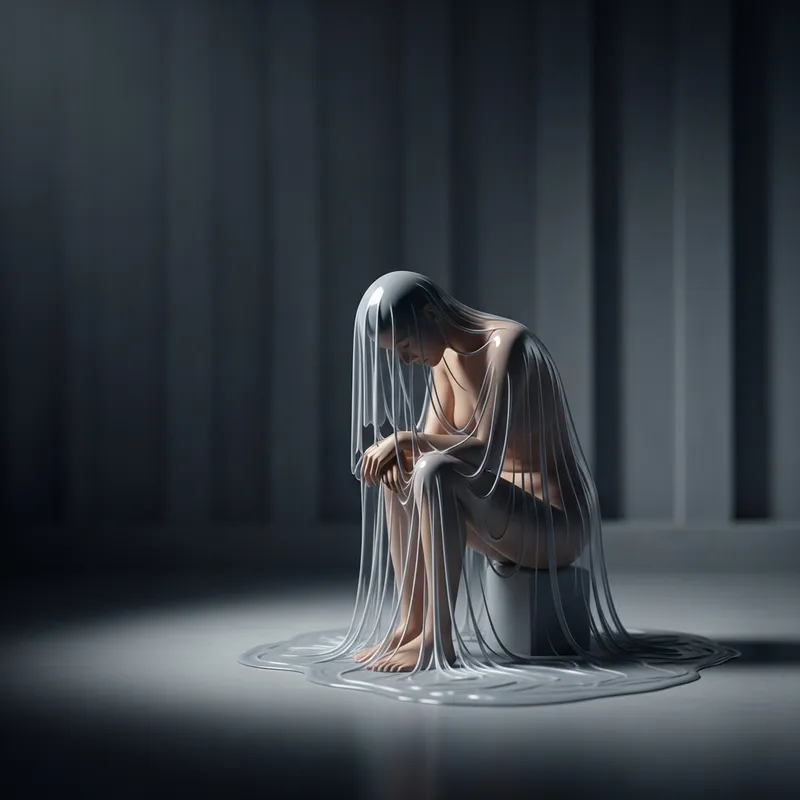 Crying Human-Like Figure Draped in Melted Plastic