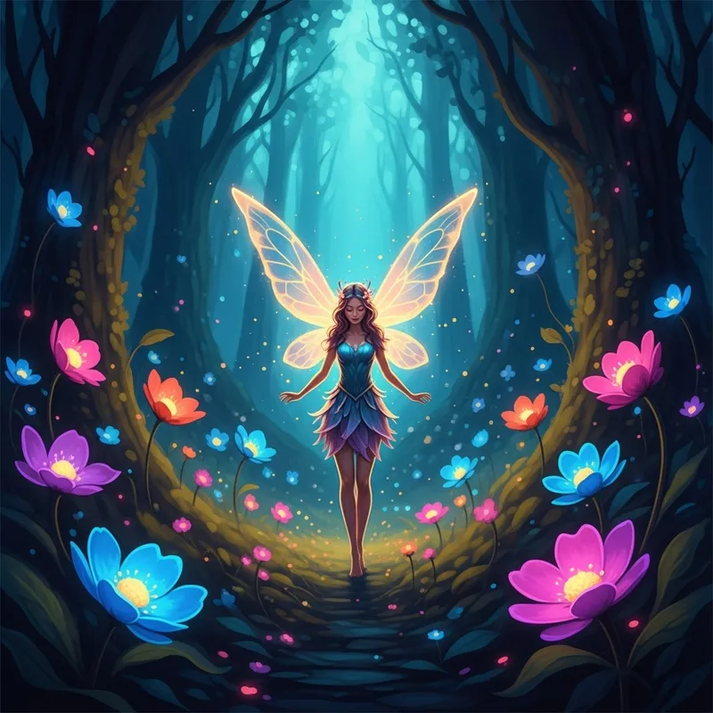 Enchanted Forest Fairy Among Glowing Flowers and Shimmering Lights