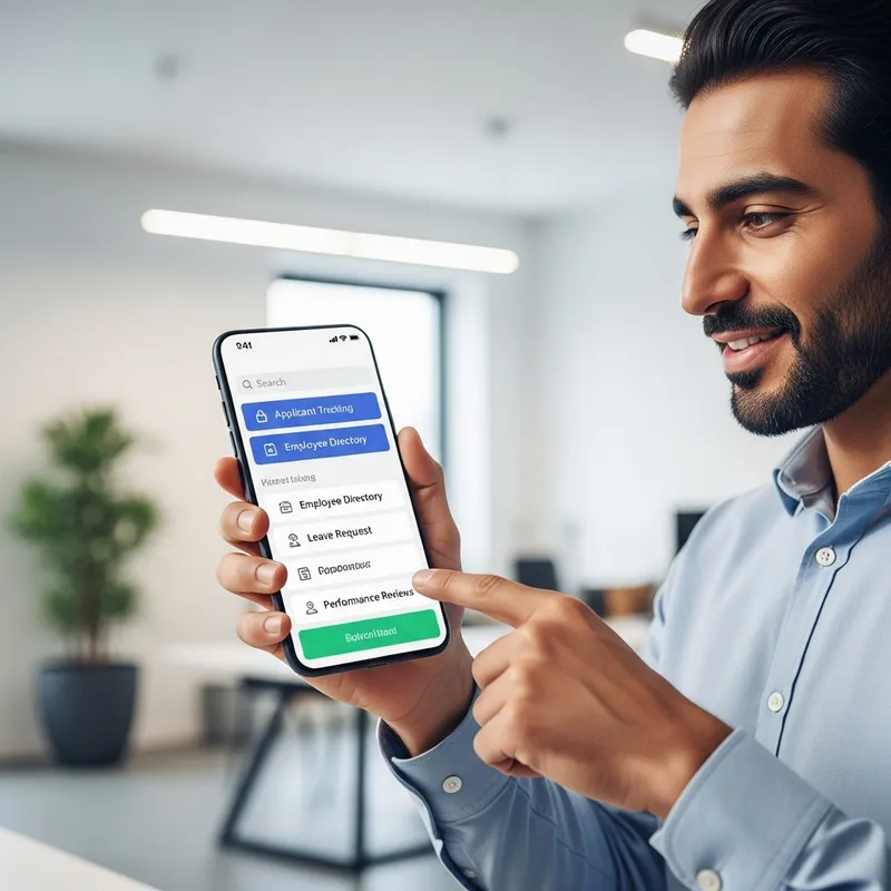 Human Resources App Featuring Person with Phone | Modern Design Human Resources App Featuring Person with Phone | Modern Design
