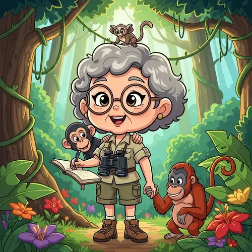 Chibi Pixar Style Illustration of Senior Woman Primate Researcher