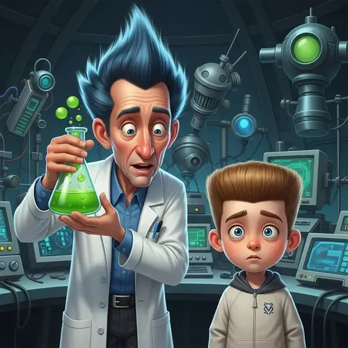 Rick and Morty: Sci-Fi Inspired Lab with Curious Scientist and Worried Teen