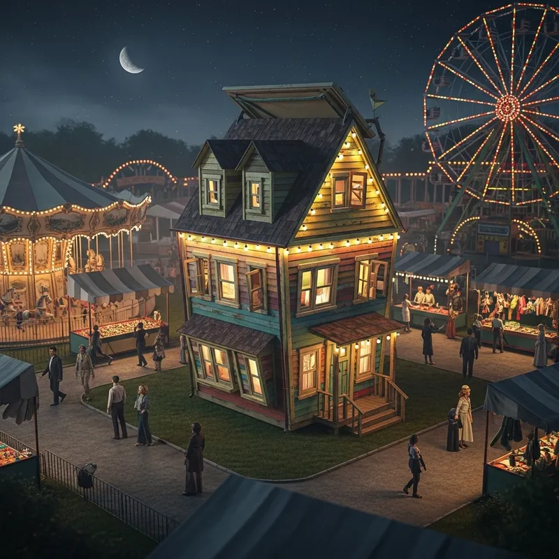 Realistic Single-Story Wooden House Overlooking Nighttime Amusement Park