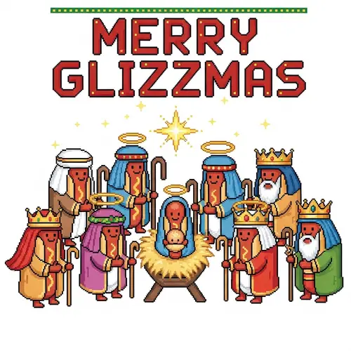 Pixel Art Nativity Scene with Animated Hot Dog Figures