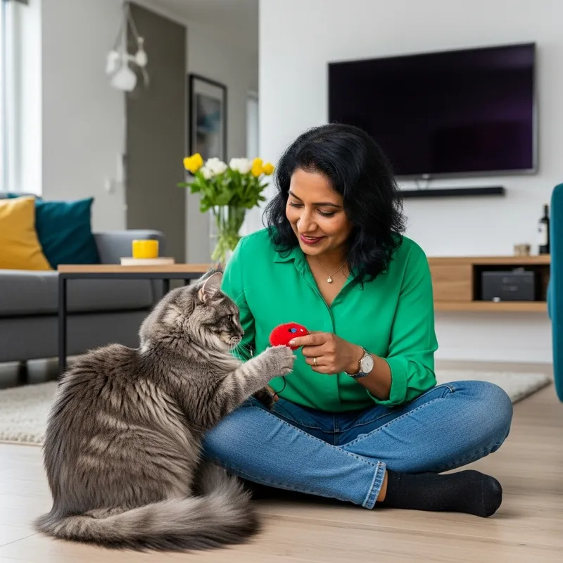 Friendly Maine Coon Cat with South Asian Human in Cozy Living Room