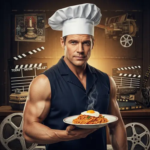 Muscular Caucasian Male Chef with Egg-topped Pasta on Movie-themed Background