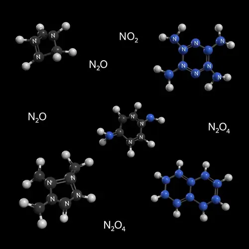 Detailed Molecular Structure of Nitrogen Oxides - Color-Coded Atoms