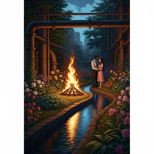 Vibrant Flame in a Dark Garden - Romantic Oil Painting