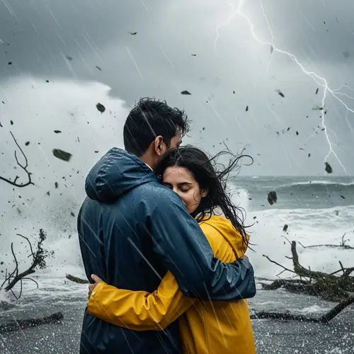 Interracial Embrace in Hurricane Chaos