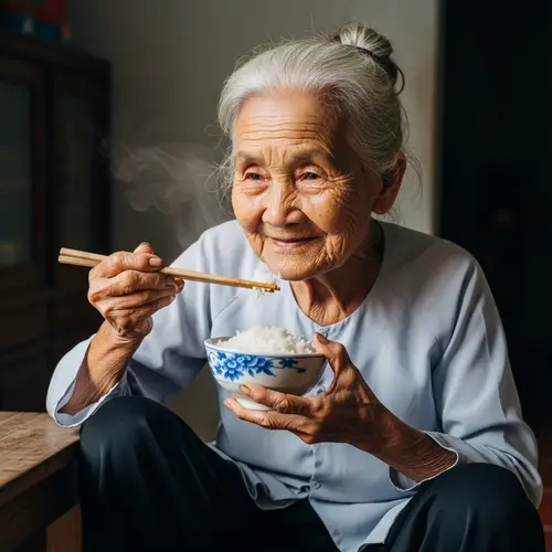 Elderly Vietnamese Woman Eating Bowl of Rice