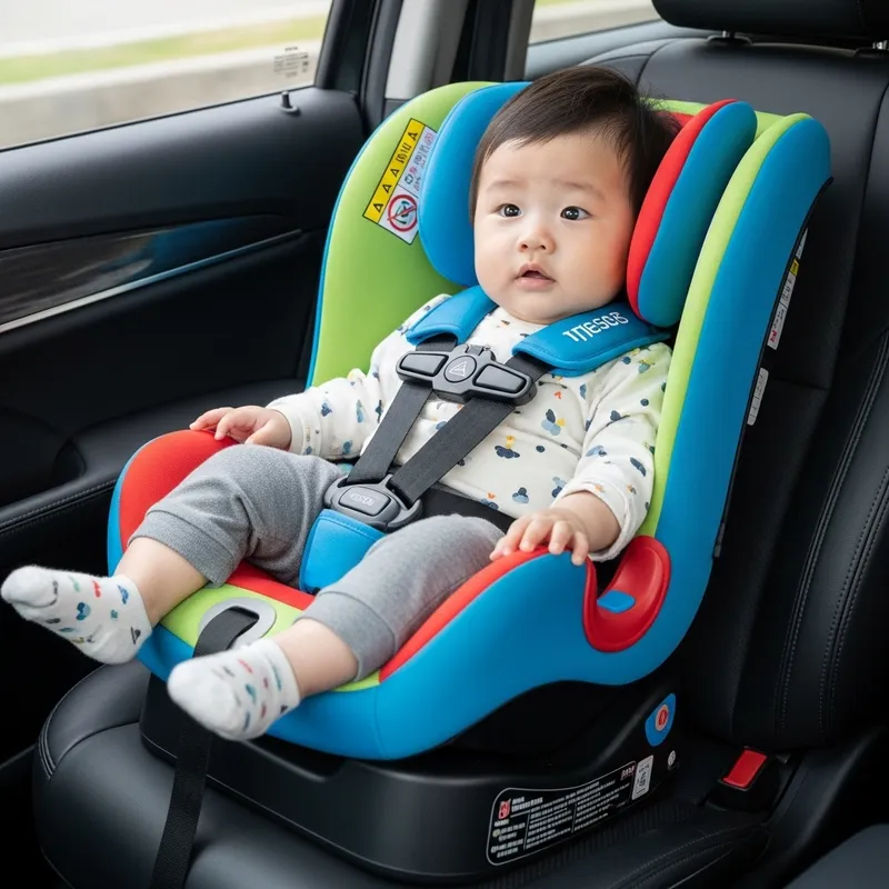 Asian Baby Curiously Secured in Vibrant Car Child's Seat Asian Baby Curiously Secured in Vibrant Car Child's Seat