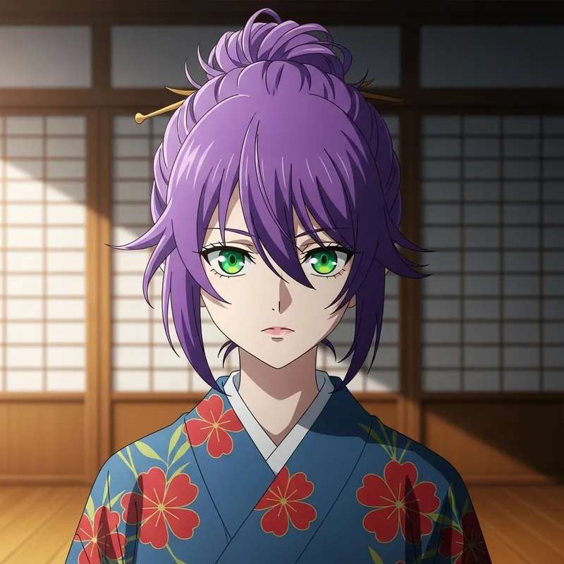 Anime Character with Neon Green Eyes and Purple Hair Anime Character with Neon Green Eyes and Purple Hair