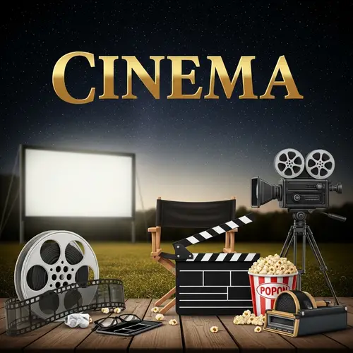 Vintage Cinema Scene: Film Reel, Camera, Popcorn & Stars