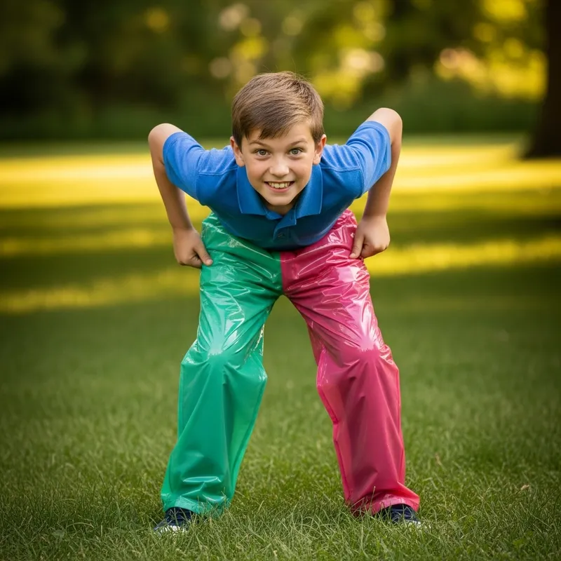 Playful Ten-Year-Old Boy in Vibrant Plastic Pants | Whimsical Outdoor Portrait